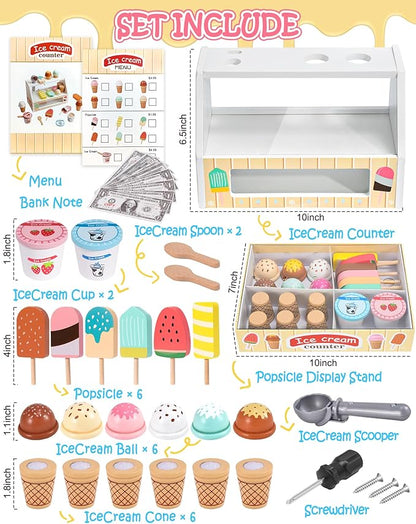 Toyssa Wooden Ice Cream Toys Kids Pretend Play Store Toys for Toddlers Girls 3 4 5 6, Wooden Food Christmas Birthday Gifts Play Kitchen Accessories for 2 3 4 5 Year Old Girls Boys