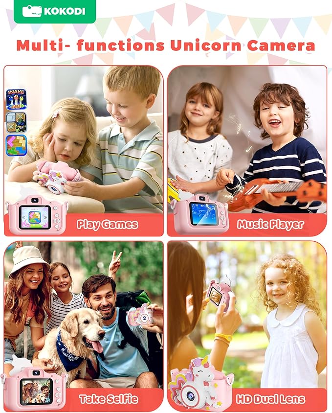 KOKODI Kids Camera Toy Digital Camera for Kids, Birthday Gifts for Girls Age 3-12, 1080P HD Video Camera for Toddler, Unicorn Children Toys for 3 4 5 6 7 8 9 Year Old Girls with 32GB SD Card