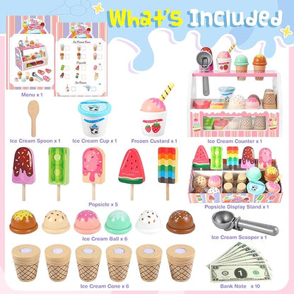 Ice Cream Toy, Wooden Ice Cream Toys for Kids Toddlers, Pretend Play Kitchen Food Toys, Ice Cream Counter Shop Playset for Kids, Kids Ice Cream Cart, Toys for 3 4 5 6 7 8 Year Old Girls Boys