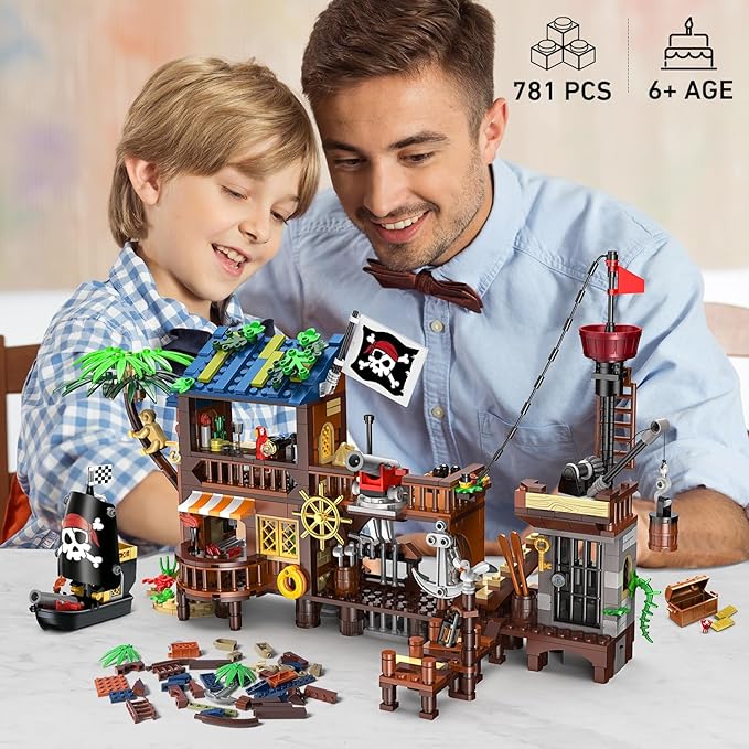 3 Style Pirate Ship Wharf Building Toy with LED Light - 781PCS Medieval Pirate's House Building Block Set, Architecture Bricks Kit for Kids Girls Boys Ages 6-12+ Birthday Gifts