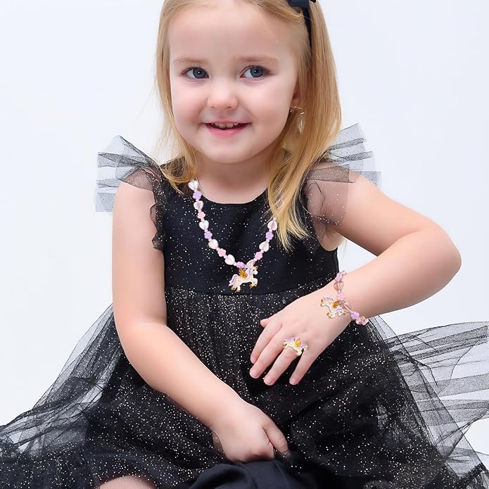 Todder Girls Jewelry Set,Girls Unicorn Necklace Ring Set,Girls Love Necklace Party Favors little Girls Pretend Dress up Play Jewelry,Children Unicorn Ring