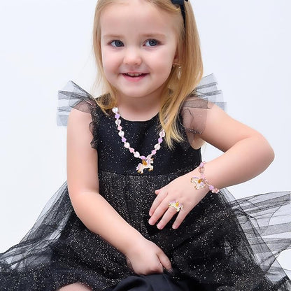 Todder Girls Jewelry Set,Girls Unicorn Necklace Ring Set,Girls Love Necklace Party Favors little Girls Pretend Dress up Play Jewelry,Children Unicorn Ring