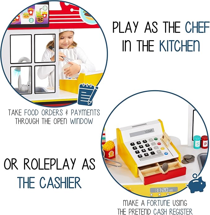 Lil' Jumbl Double-Sided Restaurant Playset for Kids, Wooden Pretend Diner Set, Kitchen Set with Cash Register, Burners, Faucet & Dispenser are Battery Operated and Make Realistic Sound & Light