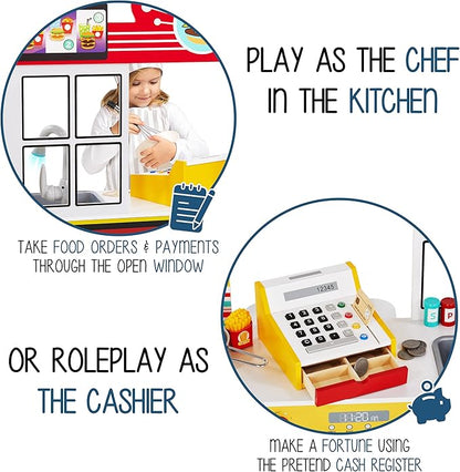 Lil' Jumbl Double-Sided Restaurant Playset for Kids, Wooden Pretend Diner Set, Kitchen Set with Cash Register, Burners, Faucet & Dispenser are Battery Operated and Make Realistic Sound & Light