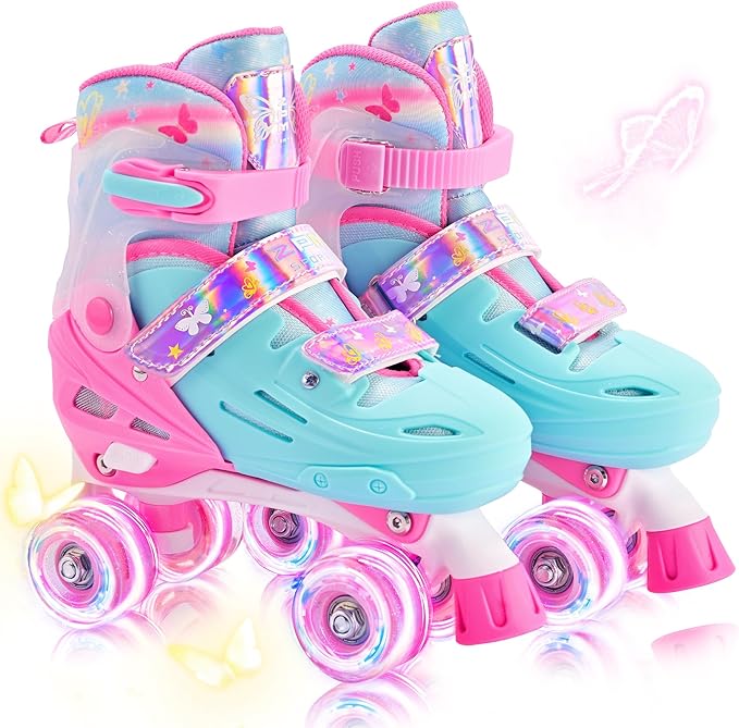 2PM SPORTS Roller Skates for Girls Boys Kids Age 4-6 5-8 6-12 8-12 with Light Up Wheels, Adjustable Youth Rollerskates Size 10C 11C 12C 13C 1 2 3 4 5 6