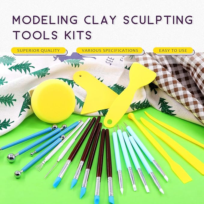 Swpeet 22Pcs Modeling Clay Sculpting Tools Kits, Ball Stylus Tool, Pottery Tools, Rubber Tip Pens, Plastic Clay Tools,Clay Needle for Making Modeling Clay Cake Fondant Decoration