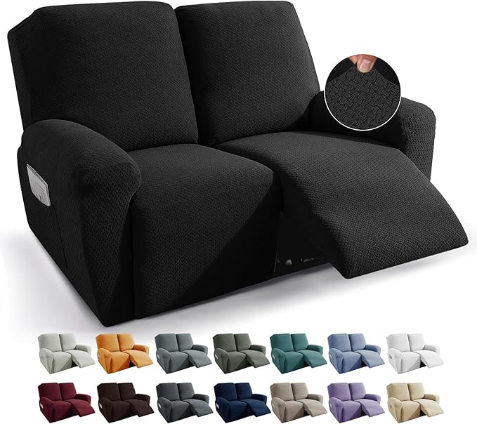 JIVINER 6-Piece Loveseat Recliner Slipcover Stretch Jacquard Recliner Sofa Cover 2 Seater Washable Reclining Couch Cover with Pocket Fitted Furniture Protector Cover (Loveseat Recliner, Black)