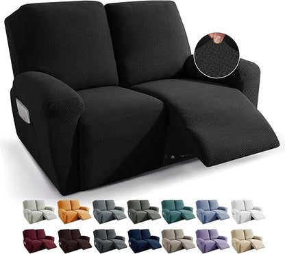 JIVINER 6-Piece Loveseat Recliner Slipcover Stretch Jacquard Recliner Sofa Cover 2 Seater Washable Reclining Couch Cover with Pocket Fitted Furniture Protector Cover (Loveseat Recliner, Black)