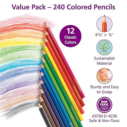 Colorations Color Pencils, Set of 240, Pre-sharpened Color Pencils,12 Colors,Thick Core Pencils,Hexangonal Shape,Sustainably Harvested Wood Pencils, Classroom Supplies,Coloring Pencils,Drawing Pencils