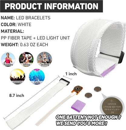 8 PCS LED Glow Bracelets, Light Up Wristbands - Halloween Glow in The Dark Party Bracelets Favors Supplies for Christmas, Concerts, Festivals, Game Prizes, Sports, Rave Accessories（White）