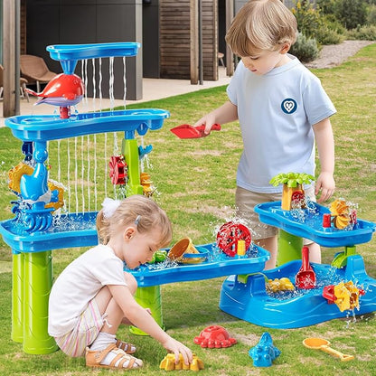 5-Tier Water Table for Toddlers 1-3 3-5, Water Table for Kids with Sand Beach Toys, Water and Sand Sensory Table Beach Outdoor Birthday Gifts Toys for Kids Toddlers Age 3 4 5 6 7 8 Boys Girls