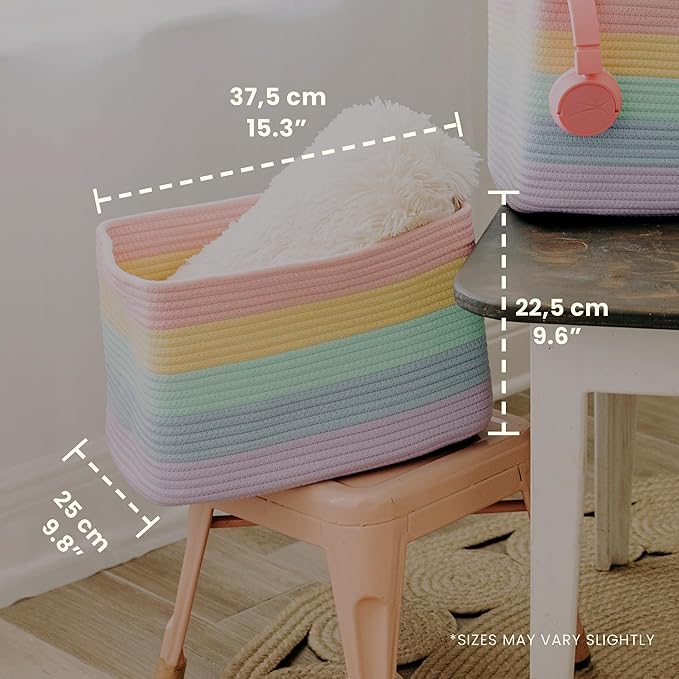 OrganiHaus Set of 3 Pastel Rainbow Baskets - Colorful Woven Storage Baskets for Playroom, Nursery & Classroom Decor, Toy Storage, 15x9x10