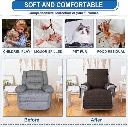 100% Waterproof Recliner Covers for Small recliners, Anti-Slip Recliner Chair Covers with 5 Pockets, Elastic Straps, Washable Recliner Protector for Kids, Pets, Dogs, Brown