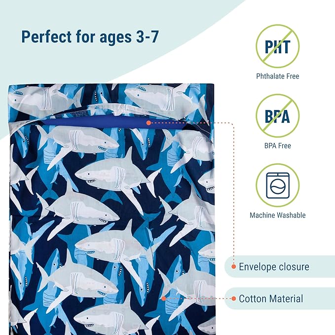 Wildkin Kids Nap Mat Cover for Boys & Girls, Sewn-in Flap Design Rest Mat Cover, Perfect for Preschool & Daycare, Fits Our Vinyl Nap Mat up to 1.5 Inches Including Basic Sleep Mat (Sharks)