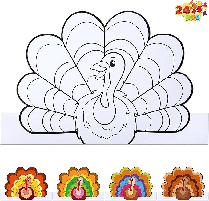 JOYIN 24 Pcs Thanksgiving Coloring Headbands, Thanksgiving Color Your Own Turkey Crowns Kids Craft Set for Thanksgiving Kids School Activities Class Events Thanksgiving Party Decoration Supplies