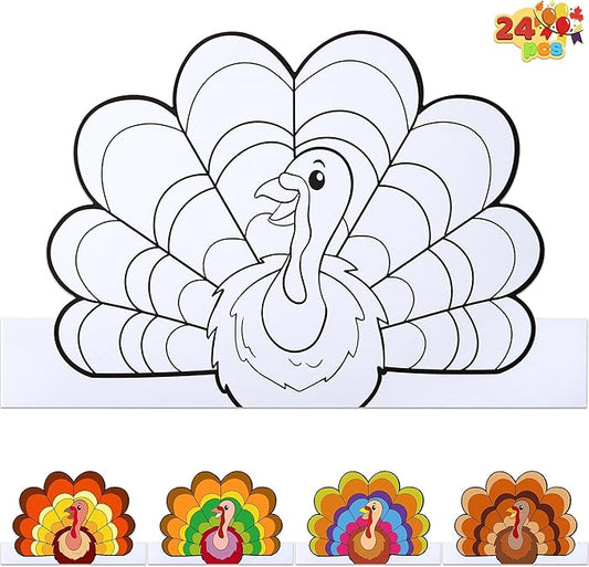 JOYIN 24 Pcs Thanksgiving Coloring Headbands, Thanksgiving Color Your Own Turkey Crowns Kids Craft Set for Thanksgiving Kids School Activities Class Events Thanksgiving Party Decoration Supplies