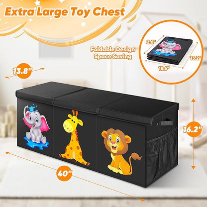 Mabahoo Extra Large Toy Box, Collapsible Storage Organizer with Lids, Cute Animals Toybox for Boys Girls, 40"x14"x16" Kids Toy Chest Sturdy Storage Boxes for Living Room Bedroom Playroom Nursery