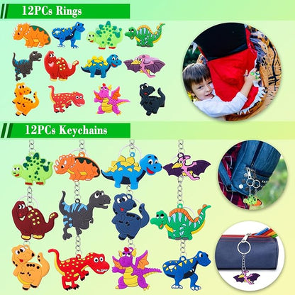 120Pcs Dinosaur Party Favors Dinosaur Birthday Party Supplies Dinosaur Stamps Slap Bracelets Keychains Rings Stickers Temporary Tattoos Bookmarks for Kids Dinosaur Pinata Bags Fillers Classroom Prizes