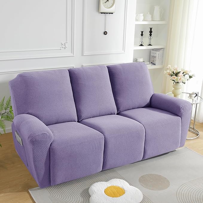 JIVINER 8-Piece Recliner Sofa Covers Stretch Jacquard Couch Covers for Recliner Slipcovers for Living Room 3 Cushion Soft Recliner Protector with Pocket (Sofa Recliner, Light Purple)