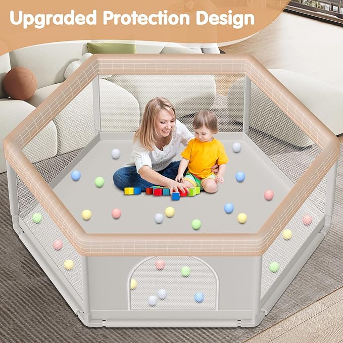 Hiaksedt Large Baby Playpen 65x65 Inch, Play Pens for Babies and Toddlers Hexagonal Type Baby Play Yards for Indoor & Outdoor with Breathable Mesh Anti-Fall