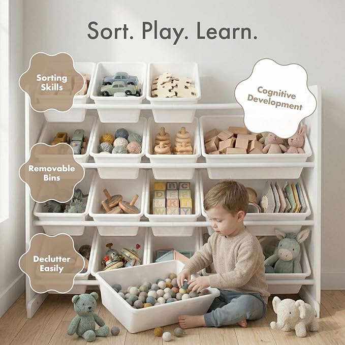 Humble Crew Toy Storage Organizer with 16 Removable Storage Bins for Kids Playroom, 4-Tier Toddler Toy Organization and Storage, White/White