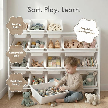 Humble Crew Toy Storage Organizer with 16 Removable Storage Bins for Kids Playroom, 4-Tier Toddler Toy Organization and Storage, White/White