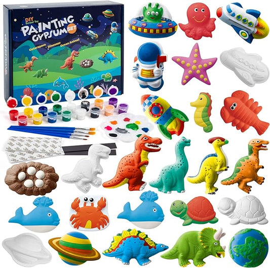 Juboury Kids Arts and Crafts Set Painting Kit - Plaster Painting Craft Kit Art Set - Painting Your Own Space Dinosaurs & Marine life Figurines - Ceramic Painting Kit for Kids, Girls, Boys, Toddlers