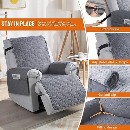 VANSOFY 100% Waterproof Recliner Chair Covers, Recliner Cover Non-Slip Dog Chair Cover Furniture Protector Washable Slipcover with Pocket, Elastic Straps for Pets, Dogs(Dark Gray, 30")