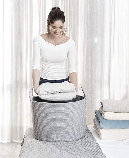 OrganiHaus Large Woven Storage Basket for Blankets and Toys 20" x 13" Inch, Rope Laundry Basket with Handles, Cushions & Pillows Storage Bin, Nursery Hamper, Soft Round Dog Toy Bin - Gray