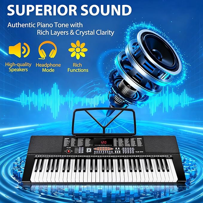 Smartxchoices 61-Key Electronic Keyboard Piano Stand Portable LED Display Keyboard Kit with Adjustable Stand, Adjustable Stool, Headphones, Microphone & Music Rest