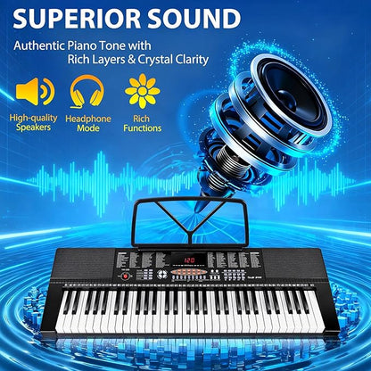 Smartxchoices 61-Key Electronic Keyboard Piano Stand Portable LED Display Keyboard Kit with Adjustable Stand, Adjustable Stool, Headphones, Microphone & Music Rest