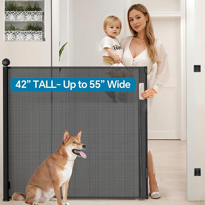 Bulubaky Extra Tall Safety Retractable Baby Gate Adjustable Wide Retractable Dog Gate Mesh Baby Gate Child Gate for Doorway, Hallway, Stair Gates for Kids or Pets (Black, 42" Tall x 55" Wide)