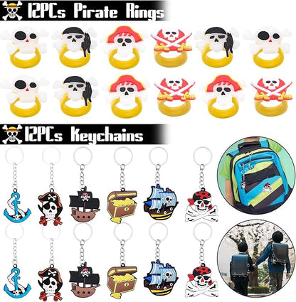 96PCS Pirate Party Favors Supplies Pirate Gold Coins Pirate Gem Pirate Keychain Rings Bracelets Pirate Eye Patch Mustache Tattoos for Birthday Party Goodie Bag Fillers