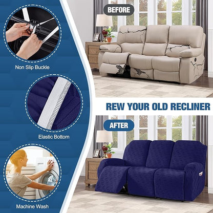 TAOCOCO Recliner Sofa Covers Stretch Reclining Couch Cover, Jacquard Recliner Couch Cover for 3 Seat Furniture Protector Sofa Slipcovers with Elastic Bottom for Kids, Pets (Dark Blue)