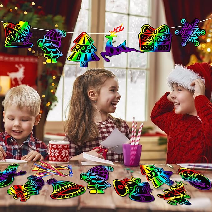 Max Fun Christmas Crafts Scratch Art for Kids, 96PCS Ornaments Rainbow Magic Color Scratch Off Cards Paper Hanging Art Craft Supplies Educational Toys Kit for Kid Party Favor