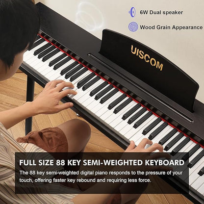 UISCOM 88 Key Digital Piano Keyboard for Beginners,Full Size Electric Piano Semi-Weighted Keyboard with Sheet Music Stand,Pedal,Headphone,Power Adapter,USB-MIDI Compatibility,Wood Grain Black