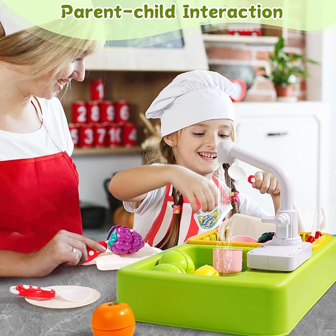 Play Sink with Running Water Play Kitchen Toddler Girl Toys Sink Kitchen Sink Toys with Apron Children Electric Dishwasher Kids Sink Running Water Play House Pretend Role Play Sink for Toddlers 1-3