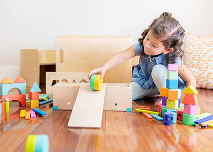 LOVEVERY | The Block Set | Solid Wood Building Blocks and Shapes + Wooden Storage Box, 70 Pieces, 18 Colors, 20+ Activities, Toddler Block Set and Converts into a Pull Car, Ages 12 to 48+ months