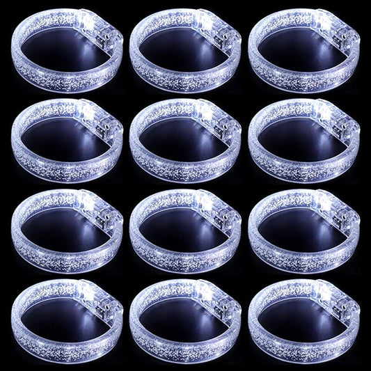 LED Light up Bracelets, White Glow Wristbands Party Favors Toys Supplies for Birthday, Halloween, Carnivals Parties for Kids over 3 Years Old, Clear Case 12 Pack