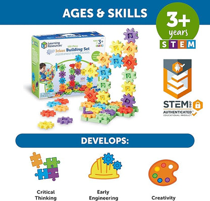 Learning Resources Gears! Gears! Gears! 100-Piece Deluxe Building Set - Ages 3+, Preschool Building Sets, Gears Toys for Kids, STEM Toys for Toddlers, Construction Toy Set