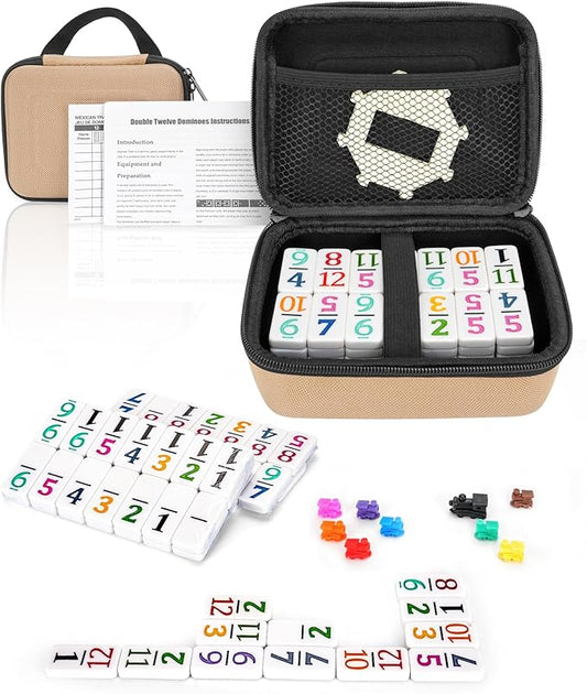 KAILE Mexican Train Dominoes Set with Numbers, Double 12 Dominoes Set, 91 Tiles Colored Dominoes Train Games for Family Night, Travel, Party
