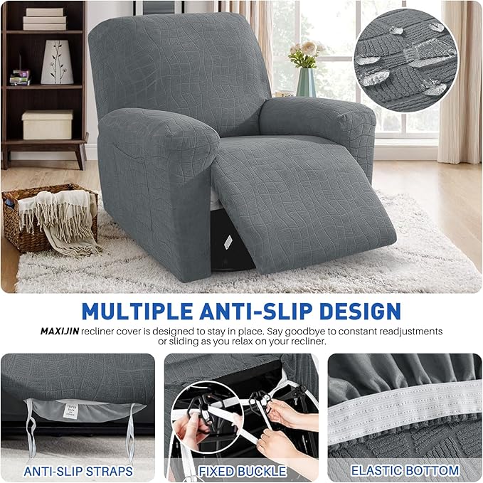 MAXIJIN Waterproof Recliner Chair Covers 3 Pieces Recliner Cover That Stay in Place, Washable Lazy Boy Recliner Slipcovers with Pockets Reclining Protector for Pet, Kids (Recliner, Light Gray)