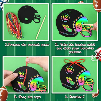 JULMELON 36 PCS Football Crafts for Kids, Rainbow Scratch Paper Art for Kids Football Party Favors Football Helmet Scratch Off Cards for Football Themed Birthday Party Supplies School Activities
