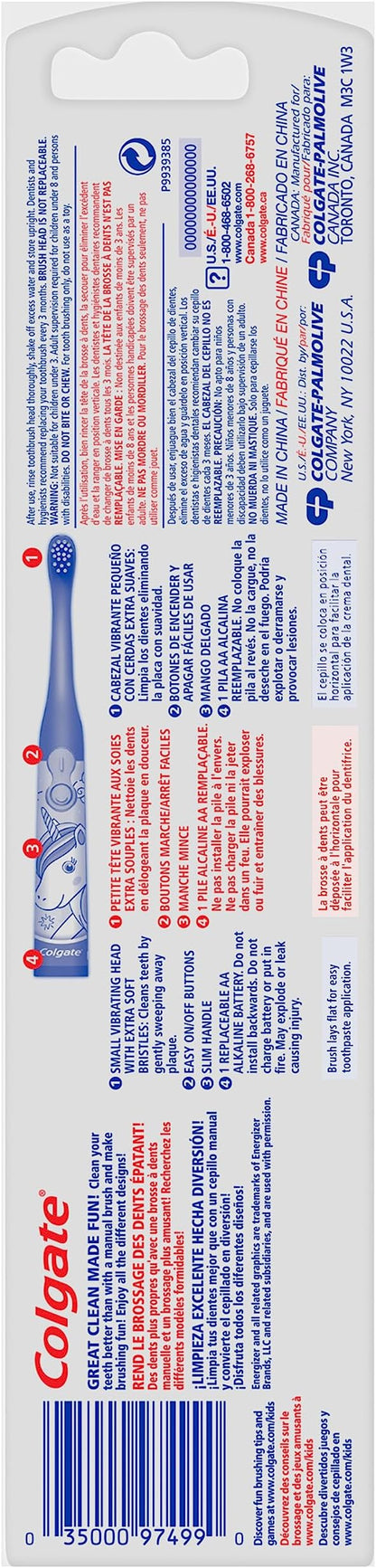 Colgate Kids Battery Powered Toothbrush, Unicorn, Extra Soft Toothbrush, Ages 3 and Up, 2 Pack