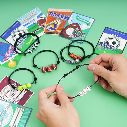Erweicet Valentines Sports Party Favor 30 PCS Sports Charm Bracelets Adjustable Baseball Soccer Bead Ball Wristbands with Valentines Day Gift Cards for Kids Classroom Gift Exchange