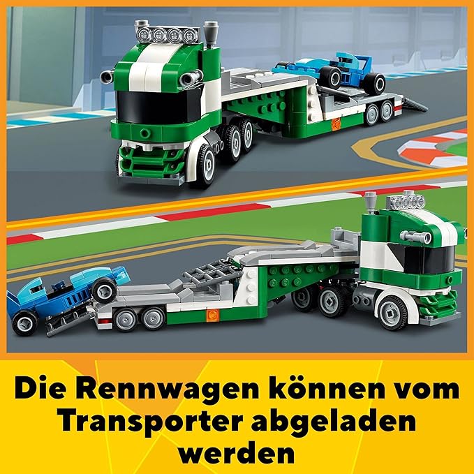 LEGO 31113 Creator 3-in-1 Racing Car Transporter Construction Game Truck with Trailer, Crane and Tug, Gift Idea for Children