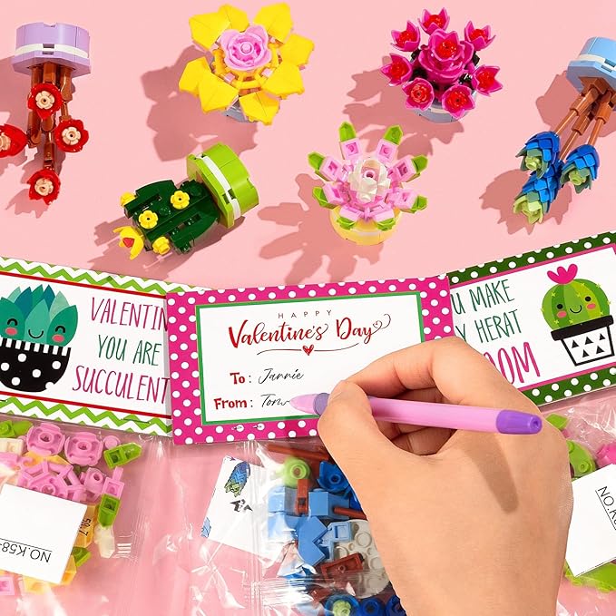 Valentines Day Gifts for Kids 8-12, 24 Pack Succulents Plants Building Blocks Kit With Gift Cards for Kids School Classroom, Class Valentines Gift Exchange, Kids Party Favors Stuffers Fillers