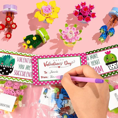 Valentines Day Gifts for Kids 8-12, 24 Pack Succulents Plants Building Blocks Kit With Gift Cards for Kids School Classroom, Class Valentines Gift Exchange, Kids Party Favors Stuffers Fillers