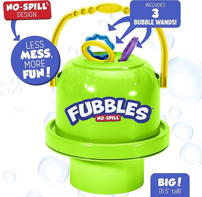 Fubbles Bubbles No-Spill Big Bubble Bucket in Green | Bubbles for Toddlers and Kids of All Ages | Includes Fubbles Bubbles Bucket and 3 Bubble Wands, Made in The USA