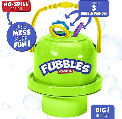 Fubbles Bubbles No-Spill Big Bubble Bucket in Green | Bubbles for Toddlers and Kids of All Ages | Includes Fubbles Bubbles Bucket and 3 Bubble Wands, Made in The USA